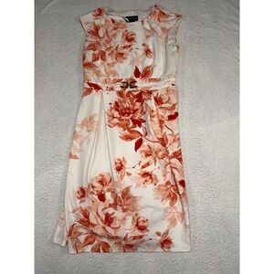 Stella & Julie Orange Floral Sleeveless Sheath Dress Buckle Waist Size 6